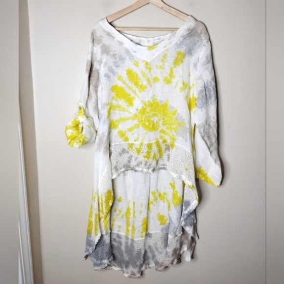 Belle France Italian Linen Tie-Dye Tunic Sz L High-Low Hem Boho Lagenlook Cover - Picture 2 of 8
